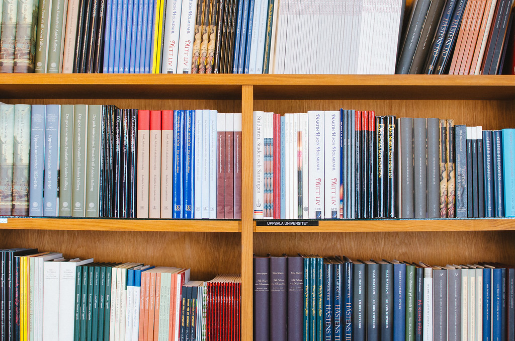 図書館の棚に、背表紙を並べた本がぎっしり詰まっている
